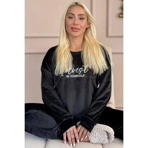 Pijama Evi Siyah Yourself Desenli Exclusive Kadife Kadın Pijama Takımı 