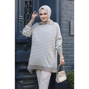 Neva Style Çizgili Vizon Tesettür Triko Tunik 65904V