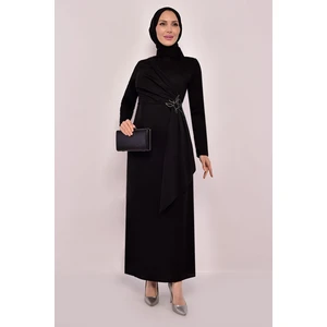 Ayşe Melek Tasarım Kadın Giyim Abiye Moda Kemeri Taşlı Asimetrik Abiye Kalem Tesettür Elbise 2580