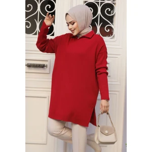 Neva Style Fitilli Kırmızı Tesettür Triko Tunik 65903K