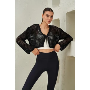 Kadın Siyah Önü Bağcıklı Delikli Crop Hırka