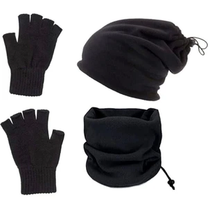 3 Lü Set Termal Polar Boyunluk Bere ve Örgü Kesik Eldiven Siyah