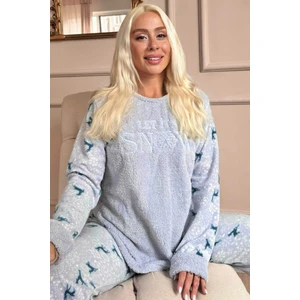 Pijama Evi Mavi Let It Snow Desenli Kadın Peluş Pijama Takımı