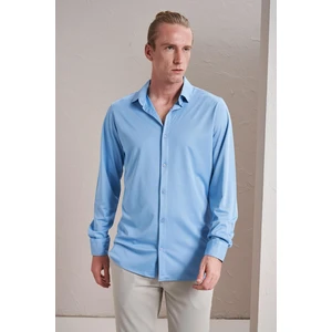 Erkek Mavi Uzun Kollu Merserize Kagi Slim Fit Gömlek