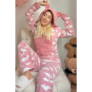Pijama Evi Bulut Desenli Kadın Polar Peluş Tulum Pijama Takımı XL