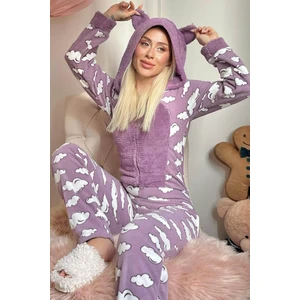 Pijama Evi Mor Bulut Desenli Kadın Polar Peluş Tulum Pijama Takımı
