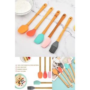 5'li Renkli Bambu Saplı Silikon Uçlu Spatula Fırçalı Kaşık Seti