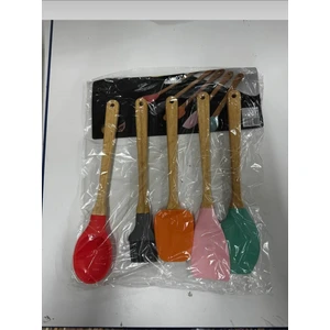Park Büyük Boy 5'li Renkli Bambu Saplı Silikon Uçlu Spatula Fırçalı Kaşık Seti