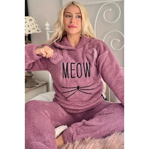 Pijama Evi Lila Meow Desenli Tam Peluş Pijama Takımı
