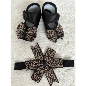 Masal Baby Kids Kız Bebek Leoparlı Bandanalı Siyah Patik / Yeni Doğan Bebek Hediyelik Ayakkabı