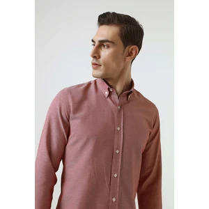 D'S Damat Slim Fit Kırmızı Armürlü Düğmeli Yaka Pamuklu Gömlek 5HC02ORT07265