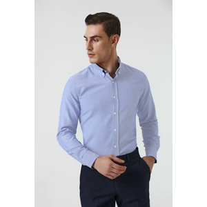 Slim Fit Mavi Armürlü Düğmeli Yaka Pamuklu Gömlek 5HC02ORT07265