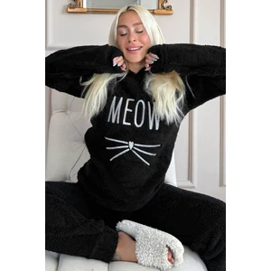 Pijama Evi Siyah Meow Desenli Tam Peluş Pijama Takımı