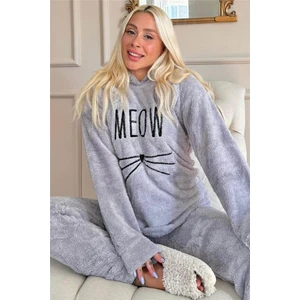 Pijama Evi Açık Gri Meow Desenli Tam Peluş Pijama Takımı