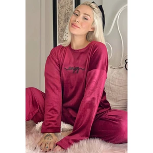 Pijama Evi Bordo Enjoy Desenli Exclusive Kadife Kadın Pijama Takımı 