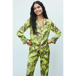 Feu De Elu Amour Saten Jardin Desenli Uzun Pijama Takımı