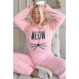 Somon Meow Desenli Tam Peluş Pijama Takımı