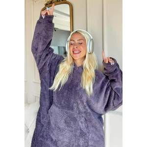 Pijama Evi Patlıcan Moru Kapşonlu Tam Peluş Oversize Sweat Panço Pijama
