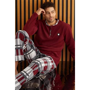 Pijama Evi Bordo Beyaz Ekose Desenli polar erkek pijama takımı