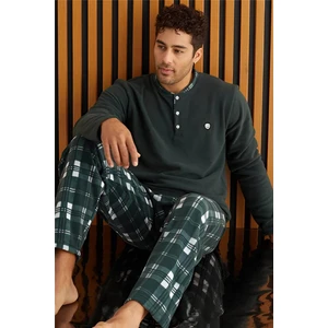 Pijama Evi Yeşil Beyaz Ekose Desenli polar erkek pijama takımı