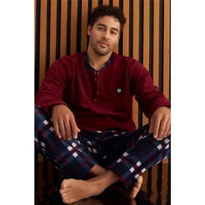 Pijama Evi Bordo Lacivert Ekose Desenli polar erkek pijama takımı