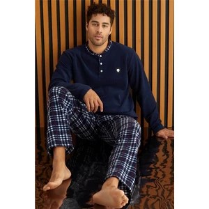 Pijama Evi Lacivert Kırmızı Ekose Desenli polar erkek pijama takımı