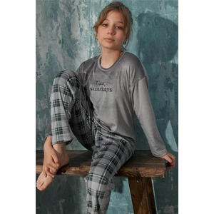 Pijama Evi Gri Sundays Desenli Exclusive Kadife Kız Çocuk Pijama Takımı 
