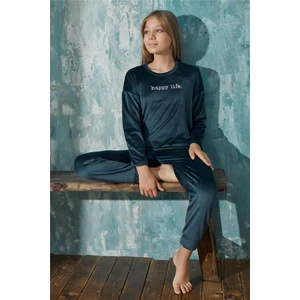 Pijama Evi Petrol Happy Life Desenli Exclusive Kadife Kız Çocuk Pijama Takımı 