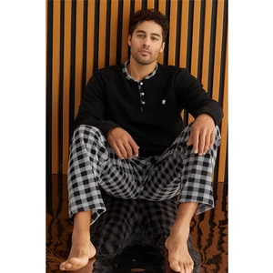 Pijama Evi Siyah Gri Ekose Desenli polar erkek pijama takımı