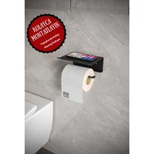 alfams by fmsa Metal Modern Banyo Tuvalet Wc Kağıtlık Peçetelik, Tuvalet Kağıdı Askısı, Raflı Telefonluk Siyah