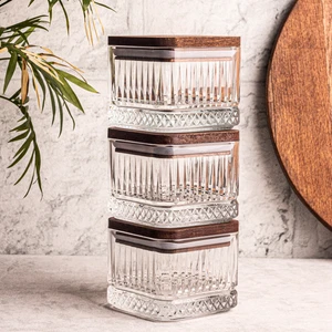 Bella Kare 3'lü Ahşap Vakumlu Kare Kapaklı Cam Kahvaltılık Çok Amaçlı Cam Çerezlik 230 ml