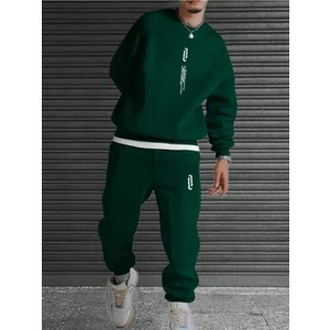 Erkek Dikey Baskılı Oversize Bisiklet Yaka Eşofman Takımı