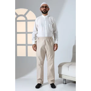 Erkek Rahat Kesim Beli Lastikli Cepli Hac ve Umre Keten Şalvar Pantolon - Bej (Krk)