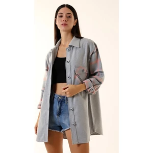 Kadın Gri Pembe Ekose Oversize Oduncu Gömlek