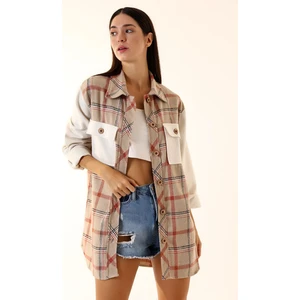 Kadın Kahve Ekru Ekose Oversize Oduncu Gömlek