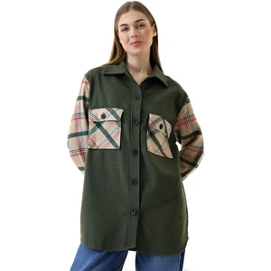 Kadın Haki Kahve Ekose Oversize Oduncu Gömlek