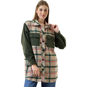 Kadın Kahve Haki Ekose Oversize Oduncu Gömlek
