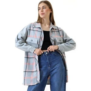 Kadın Pembe Gri Ekose Oversize Oduncu Gömlek