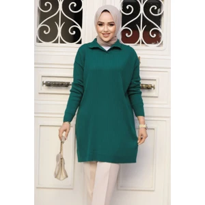 Neva Style Fitilli Zümrüt Yeşili Tesettür Triko Tunik 65903ZY