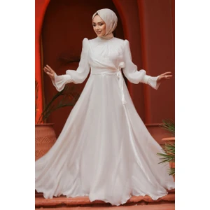 Bağlama Detaylı Beyaz Tesettür Abiye Elbise 48051B