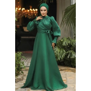 Bağlama Detaylı Yeşil Tesettür Abiye Elbise 48051Y