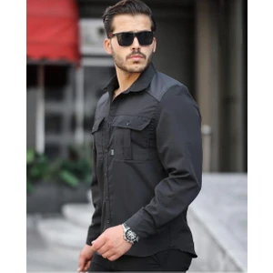 Serseri Jeans Taktik Erkek Siyah  Garnili Sırt Detaylı Gomlek