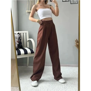 Thiff Gymwear Kadın Likralı Cırt Kapama Kahverengi Geniş Paçalı Rahat Palazzo Pantolon