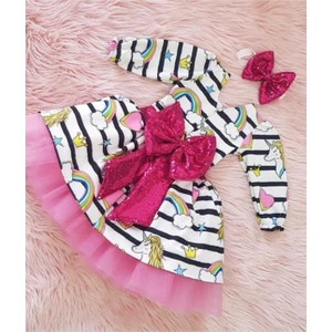 Kız Çocuk Baskılı Tüllü Unicorn Elbise