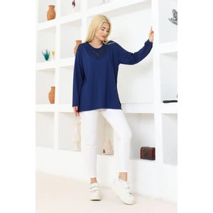 Kadın Mavi Likralı Uzun Kol Önü Desenli Anne Penye Bluz Anneler Günü Özel Gün