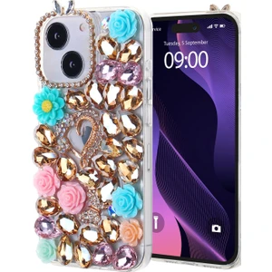 iPhone 15 Plus ve 14 Plus Uyumlu Aynalı ve Güllü Altın Rengi Taş Döşemeli Ultra Premium Kılıf