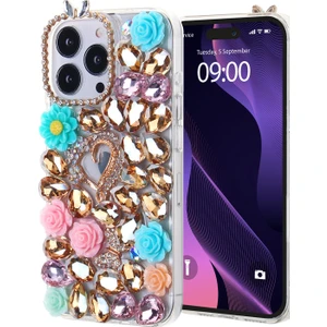 iPhone 15 Pro Max Uyumlu Aynalı ve Güllü Altın Rengi Taş Döşemeli Ultra Premium Koruyucu Kılıf