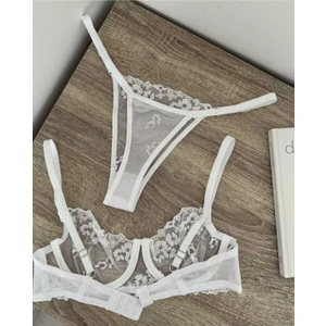 La Linaa Romaşka Beyaz Çiçek Desenli Tanga Külotlu Sütyen Takım