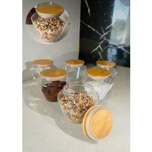Snow Homs 6'lı Ahşap Vakum Kapaklı Cam Kavanoz Seti Şekerlik Çerezlik Baharatlık ve Saklama Kabı 170 ml