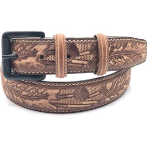 Deri Antik Taba Eskitme Efektli Meşe Desen Kemer (Siyah Toka)